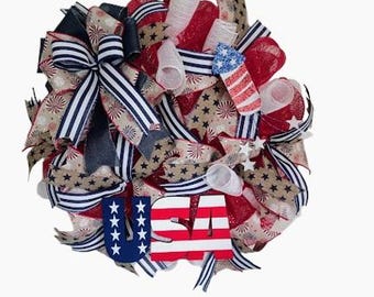 Patriotic Wreath, July 4th Decor, Americana, USA,  Red, White, Blue, Memorial Day Decor, Veterans Day,  Patriotic Decor, Handmade in America