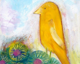 Golden Bird Fine Art Print, Yellow Bird perched on flowering shrub, Illustration for child, Bright Art, Bird Lover Print, Cheery Painting