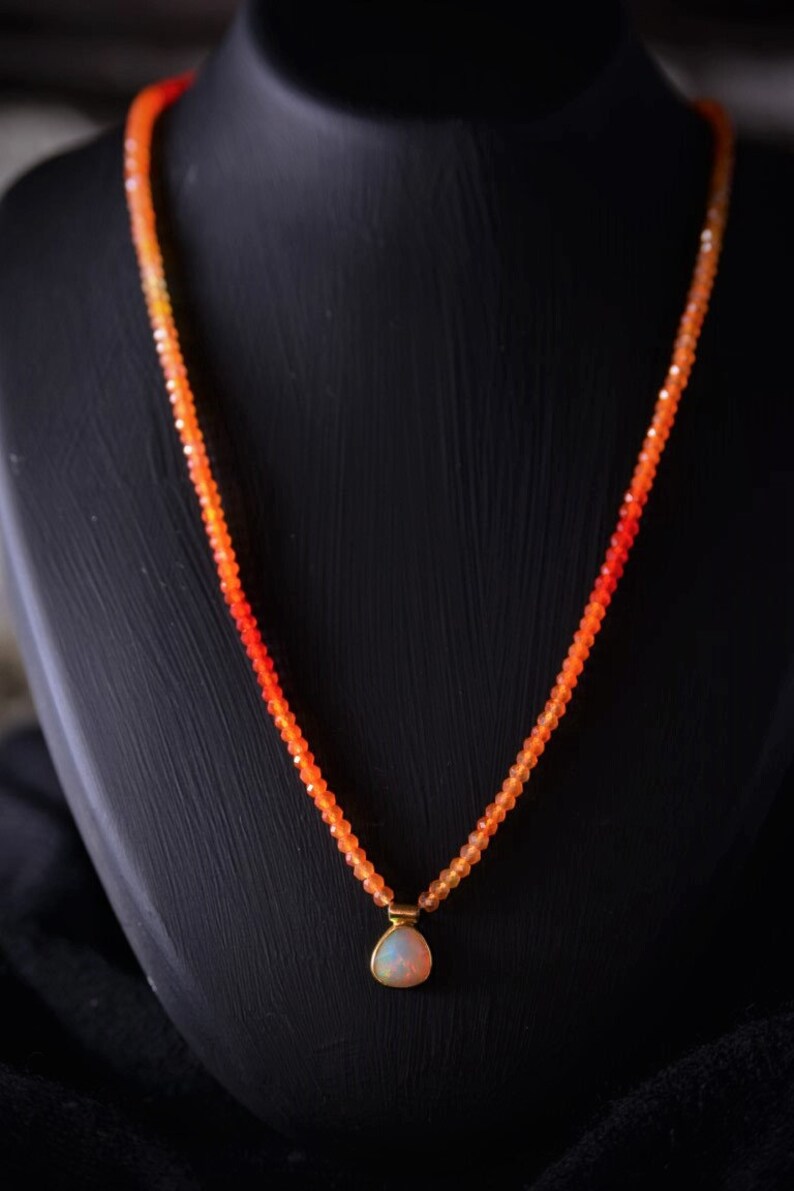 carnelian 3 mm faceted 925 sterling silver with precious opal pendant Gemstone necklace gold plated