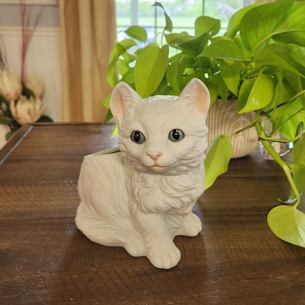 White Cat Planter, Vintage Cat Figurine, Vintage Persian Ceramic Planter