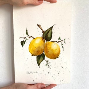 オリジナルのレモンの絵画、オリジナルのミニ水彩画、かわいい静物画、キッチンに最適な壁アート、新築祝いのギフト、スペイン