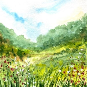 Alps Meadow Watercolor Painting: Impressionist Landscape Art (11.8x15.7 inch)