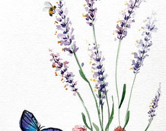 ラベンダーとミツバチの水彩画：植物の草原アート（20 x 30 cm）