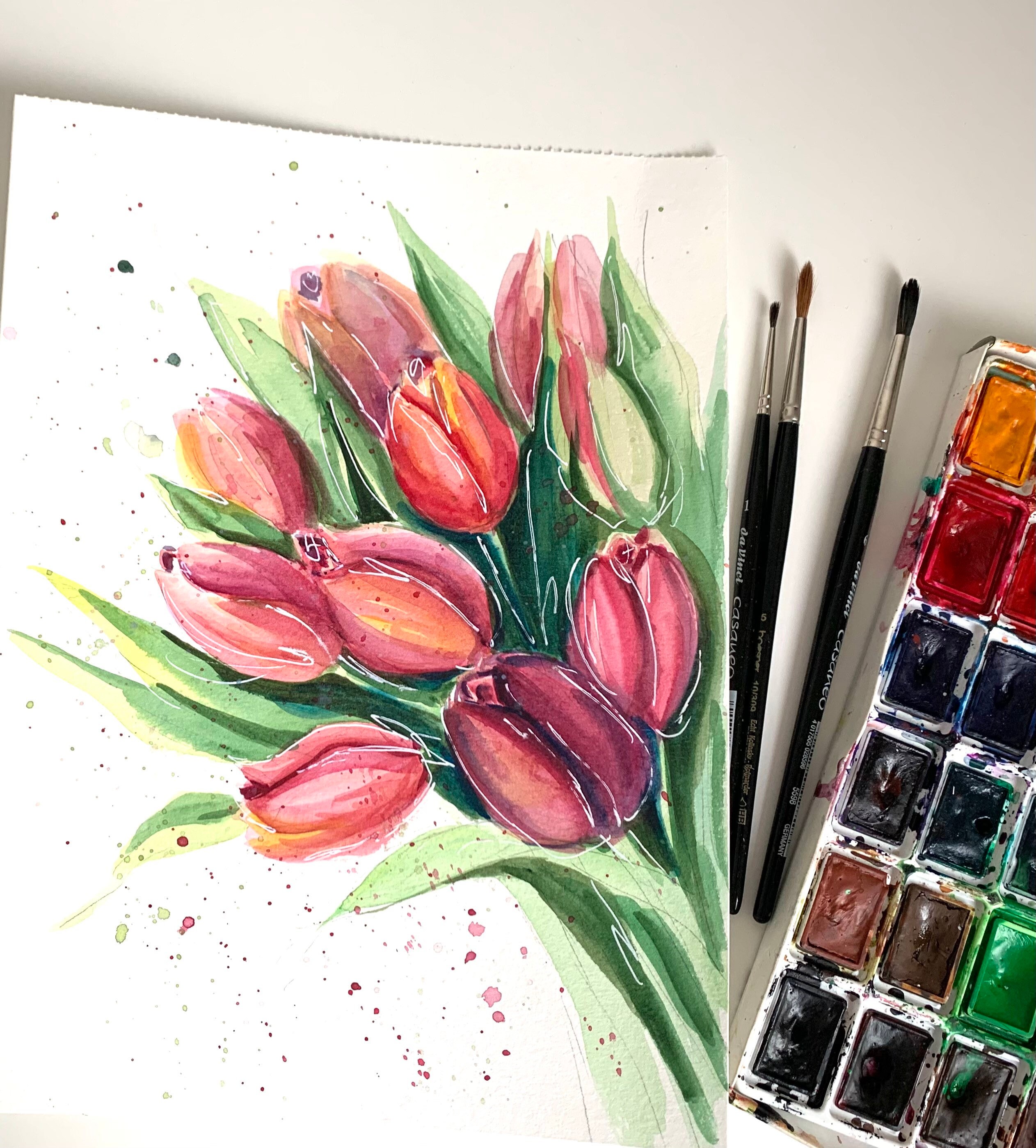 オリジナルチューリップ水彩画：キッチンの花の壁アート（20 x 30 cm