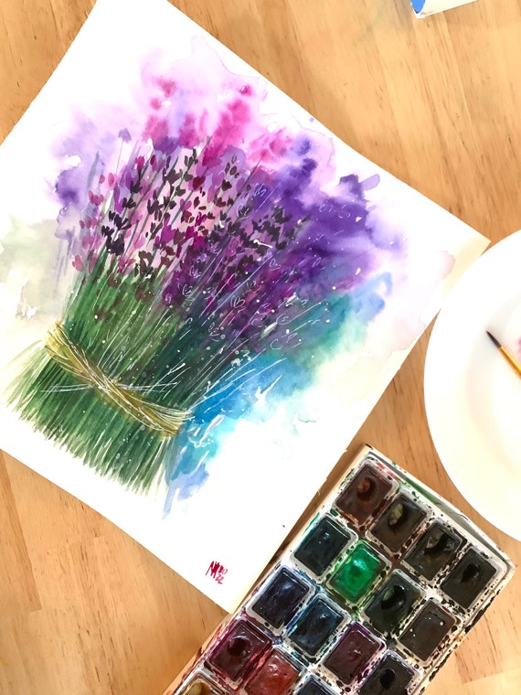 ラベンダーの絵画 オリジナル水彩画 フランスの花の絵画 ラベンダーの