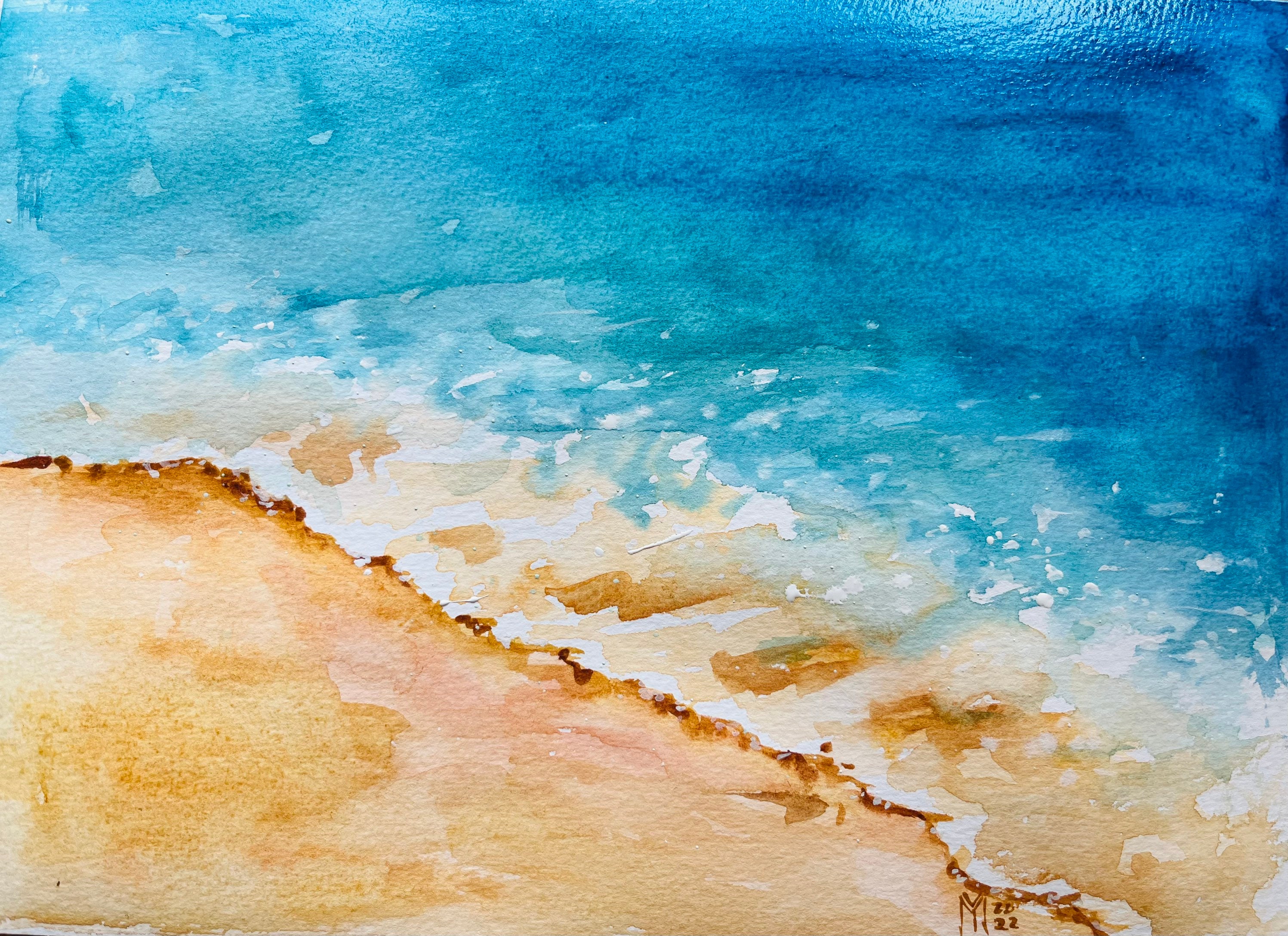 ギリシャの海景水彩画（オリジナル）：抽象的な海洋アート（7.9x11.8