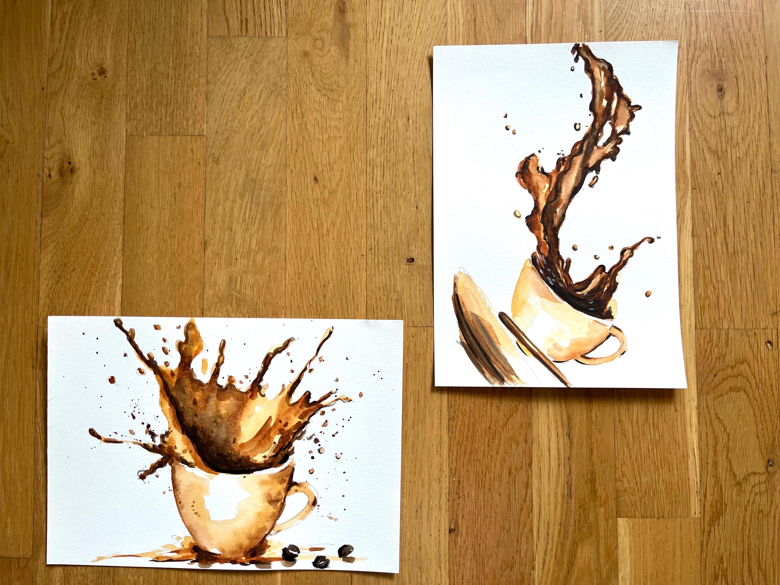 コーヒーカップの水彩画：オリジナルのコーヒーバーの壁掛けアート