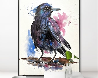 Pintura de acuarela de cuervo: arte mural original de pájaro (24 x 32 cm)