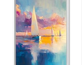 Sailboat Sunset Art Print: Abstract Ocean Painting