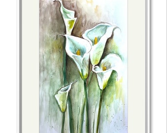 カラーリリーの水彩画、カラーリリーのオリジナル水彩画、白い花の絵画