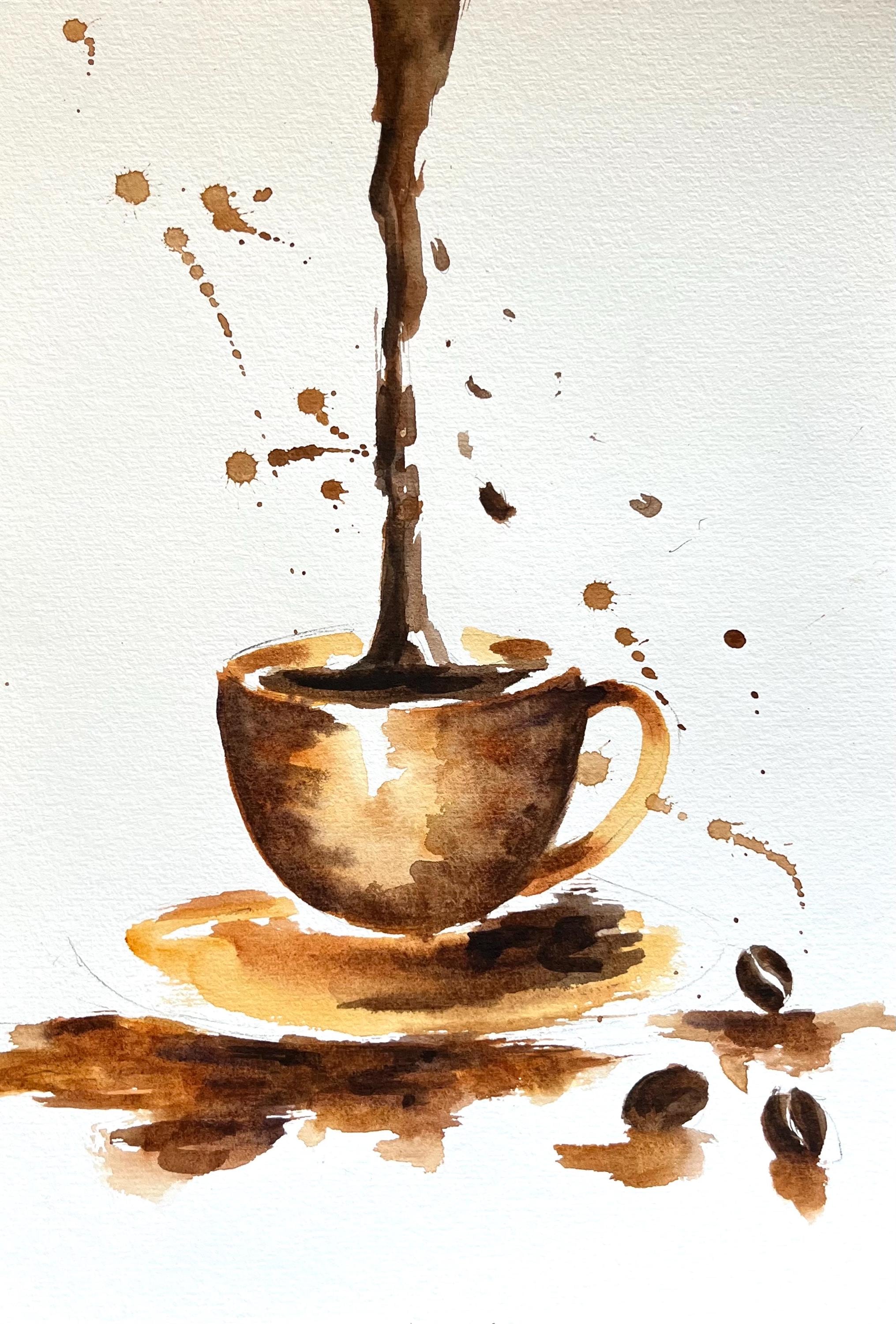 コーヒーカップを描いた油彩画 アートパネル コーヒーカップの水彩画：オリジナルのコーヒーバーの壁掛けアート