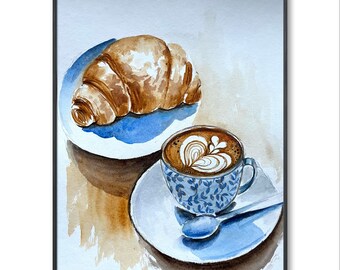 Coffee and Croissant Watercolor Painting: French Breakfast Still Life
