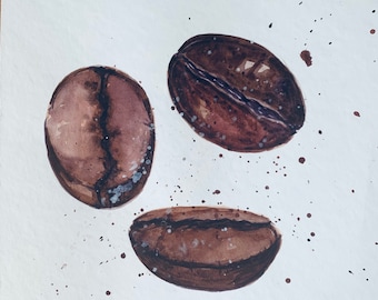 Coffee Beans Watercolor Painting: Handmade Coffee Shop Art (25x25 cm)
