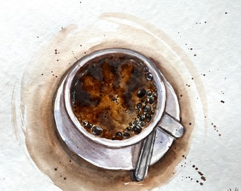 Arte de acuarela de taza de café: Decoración de pared de cocina hecha a mano (10 x 10 cm)