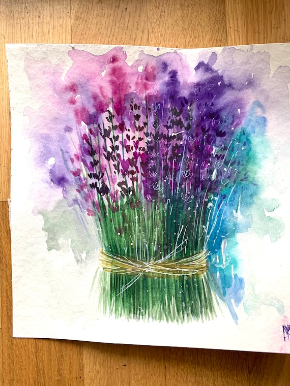 ラベンダーの絵画 オリジナル水彩画 フランスの花の絵画 ラベンダーの