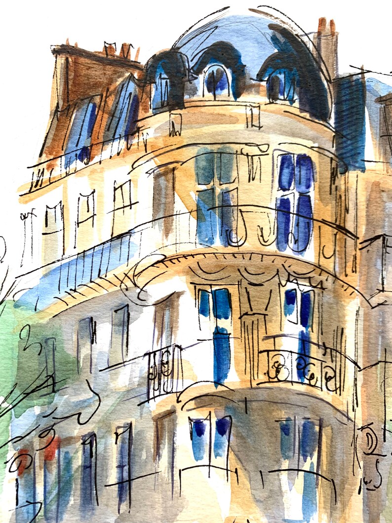 Puede incluir: Acuarela de un edificio con fachada curva, con tejado abovedado azul y m&uacute;ltiples ventanas. El exterior del edificio est&aacute; pintado en tonos beige y marr&oacute;n, con detalles azules. Balcones con barandillas negras.