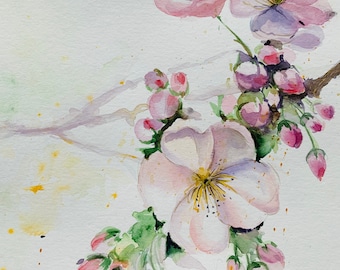 Akvarellmålning med äppelblommor: Blommig väggdekoration (20 x 30 cm)