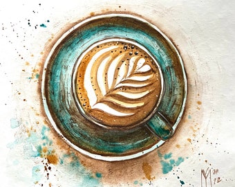 Latte Art Watercolor Painting: Handmade Coffee Cup Art (25x25 cm)