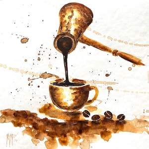 Coffee Cup Watercolor Painting: Original Coffee Bar Art (25x25 cm)