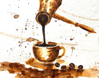 Coffee Cup Watercolor Painting: Original Coffee Bar Art (25x25 cm)