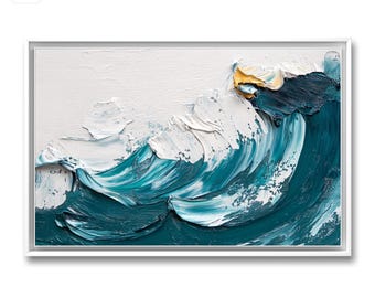 Peut inclure: Peinture abstraite d'une vague bleue se brisant sur un fond blanc. La vague est peinte avec des coups de pinceau épais et texturés de bleu et de blanc.
