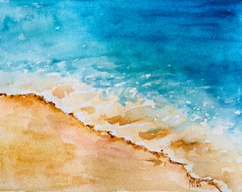 ギリシャの海景水彩画（オリジナル）：抽象的な海洋アート（7.9x11.8