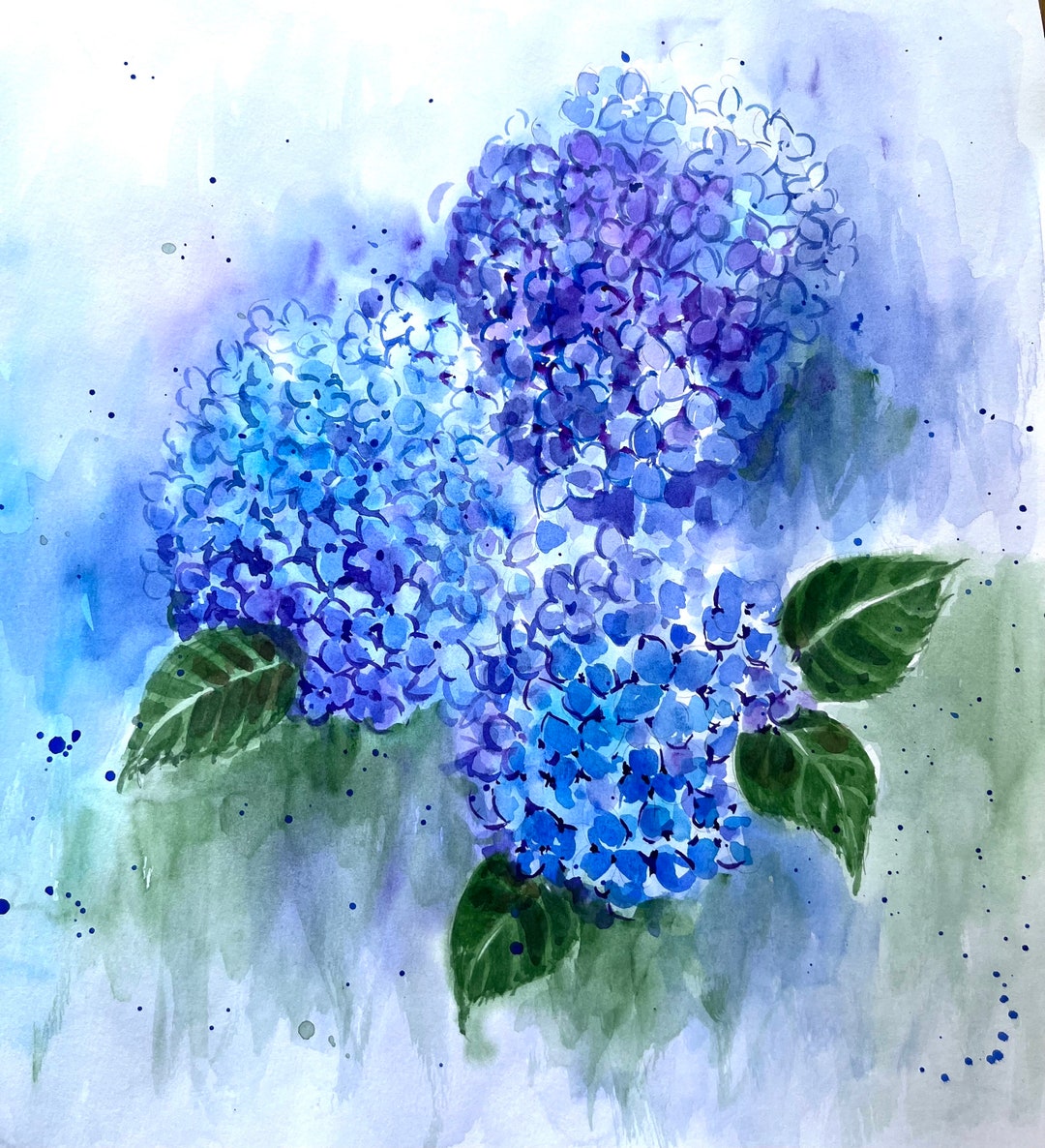 青いアジサイの水彩画：植物の花の壁アート - Etsy 日本