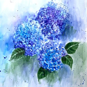 Blue Hydrangea Watercolor Painting: Botanical Floral Wall Art