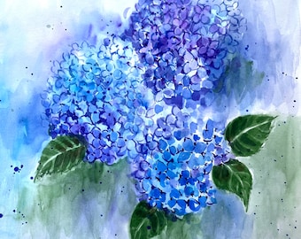 Blue Hydrangea Watercolor Painting: Botanical Floral Wall Art