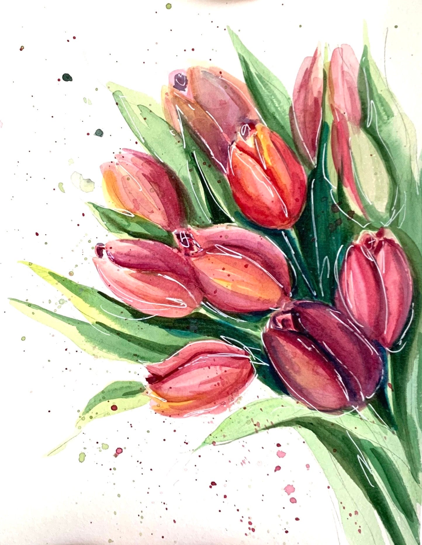 オリジナルチューリップ水彩画：キッチンの花の壁アート（20 x 30 cm