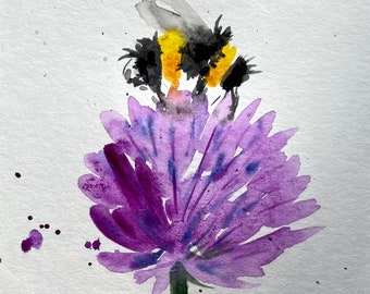 Bee on Flower Watercolor Painting: Original Meadow Wall Art