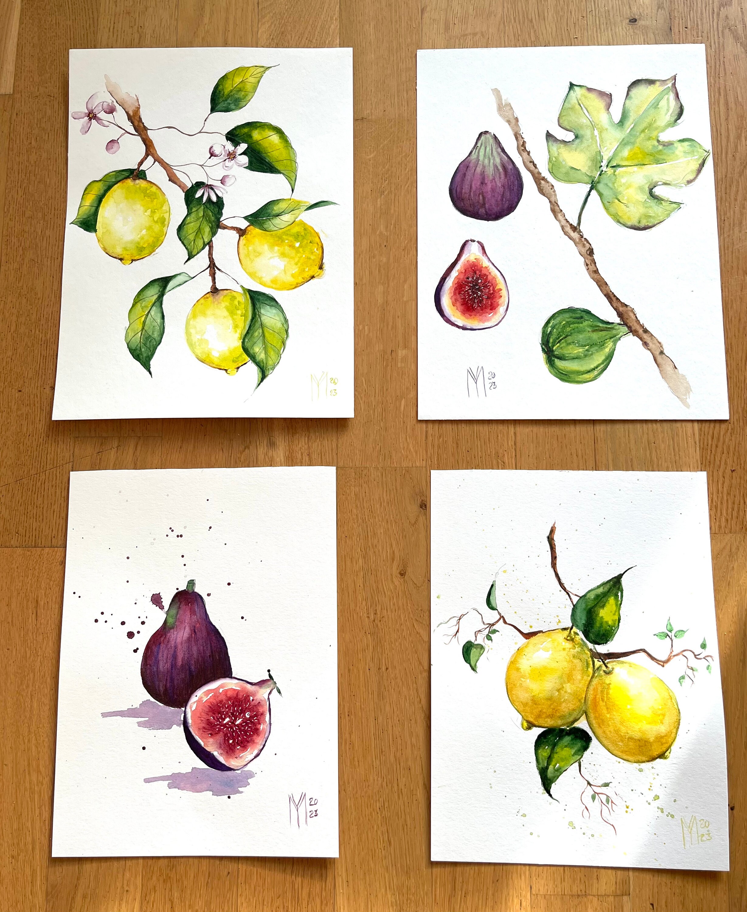№34♡lien様♡デザインペーパー　18枚　ヴィンテージ  104 Original Lemon Painting, Original Mini Watercolor Painting