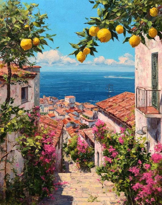 Amalfi Coast Lemon Art Print: Italian Coastal View, Abstract