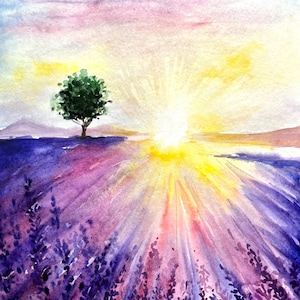 Lavender Field Watercolor Painting: Original Floral Landscape Art