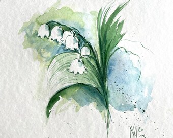 スズランの水彩画：花の壁アート（25 x 35 cm） - Etsy 日本