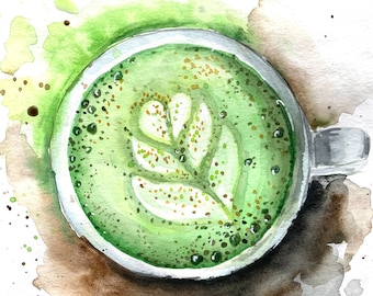 Matcha Coffee Original Watercolor Art Home Decor Mother's Day Gift Gift for Sister