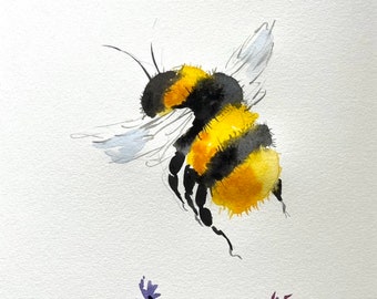 May include: Watercolor painting of a bumblebee in flight, with yellow and black stripes, hovering above a cluster of purple lavender flowers.