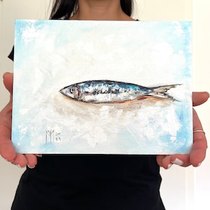 Sardine dipinto originale olio di pesce dipinto francese Country Food arte cucina decorazione parete arte in miniatura arte regalo di inaugurazione della casa regalo per papà