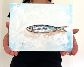 Sardinmålning: Originalolja, fransk lantlig köksdekor (18 x 23 cm)