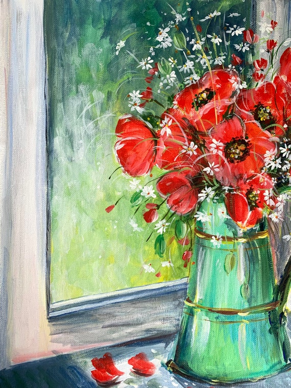 Mohn Blumen In Vase Original Wand Kunst Acrylbild