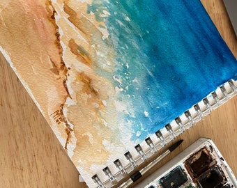 ギリシャの海景水彩画（オリジナル）：抽象的な海洋アート（7.9x11.8
