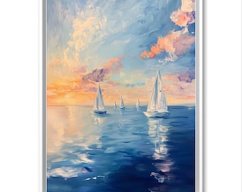 Sailboats at Sunset Art Print: Abstract Ocean Painting