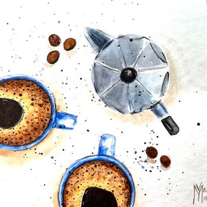 Coffee Watercolor Painting: Kitchen Wall Art, Coffee Bar Decor (25x25 cm)