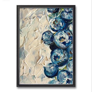 May include: An oil painting of blueberries in a black frame. The painting features a textured, off-white background with a cluster of blue blueberries on the right side. The blueberries have a textured appearance with hints of green.