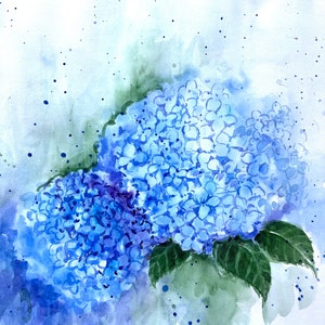 Blue Hydrangea Watercolor Painting: Botanical Floral Wall Art