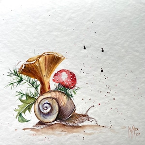 Snail with Mushrooms Watercolor Original Painting Wall Art Nursery Decor