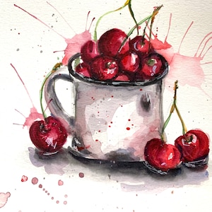Cherry Oryginalna akwarela Malarstwo ścienne Dekoracja domu Prezent dla niej