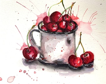 Cherry Watercolor Painting: Original Handmade Wall Art (20x30 cm)
