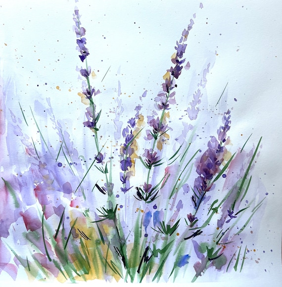 ラベンダーの水彩画：花の壁アート、25 x 25 cm - Etsy 日本