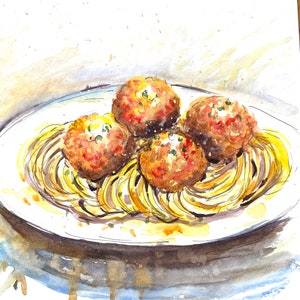 Almôndegas de espaguete pintura original arte da parede comida italiana pintura macarrão arte restaurante decoração da parede presente para a mãe presente para amigo